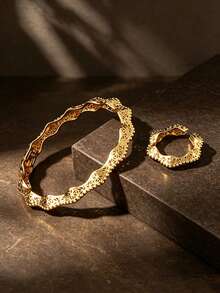 Letingsha Vintage Gold-Plated Hollow Fine Chain Lace Texture Gold Jewelry Set, Suitable For Party Bracelet And Ring Combination, Perfect For Engagement - Yellow Gold - View 4