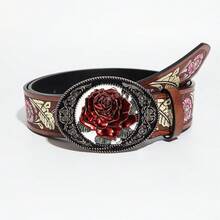 1件復古玫瑰壓花橢圓金屬扣花卉印花女款時尚裝飾腰帶，西部牛仔波希米亞風百搭個性皮革腰帶，適合搭配牛仔褲、洋裝、裙子、襯衫、針織衫、西裝外套以修飾腰線，適用於日常通勤、約會、外出、音樂節、拍照、聚會等多種場合，顯瘦吸睛，提升整體穿搭層次感 - 粉色壓花-A - 查看 7