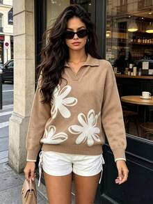 Women's Fashion Jacquard Knit Polo Collar Sweater, Floral Pattern, Long Sleeve Regular Fit Loose Pullover, Suitable For Autumn/Winter Daily Wear - Khaki - View 7