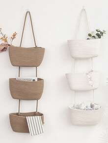 1pc 2/3Tier Woven Hanging Storage Basket – Detachable Decorative Organizer For Living Room, Bathroom, And Bedroom; Over-The-Door Hanging Basket With Multiple Compartments - Bathroom Storage Hanging Bag - View 1