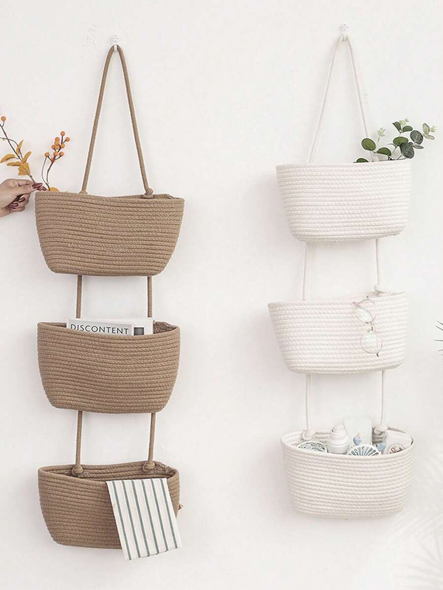 1pc 2/3Tier Woven Hanging Storage Basket – Detachable Decorative Organizer For Living Room, Bathroom, And Bedroom; Over-The-Door Hanging Basket With Multiple Compartments - Bathroom Storage Hanging Bag - View 1