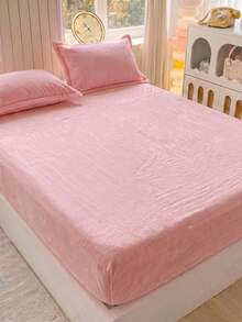 3-Piece Solid Color Velvet Bedding Set, 1 Fitted Sheet + 2 Pillowcases, Soft & Warm Winter Fitted Sheet - Baby Pink - View 8