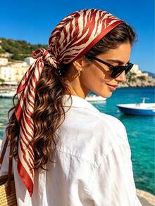 1pc Vintage Red Zebra Print Satin Square Scarf, Soft Smooth Silk Touch, Women's Multi-Functional Fashion Scarf, Suitable For Daily, Party, Holiday Decoration Accessory - Multicolor - View 4