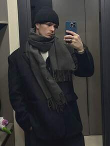 1pc Fashionable & Elegant Solid Color Wool Warm Pashmina Scarf, Unisex Casual Fringed Cold-Proof Shawl, Suitable For Daily Wear, Autumn/Winter - Multicolor - View 6