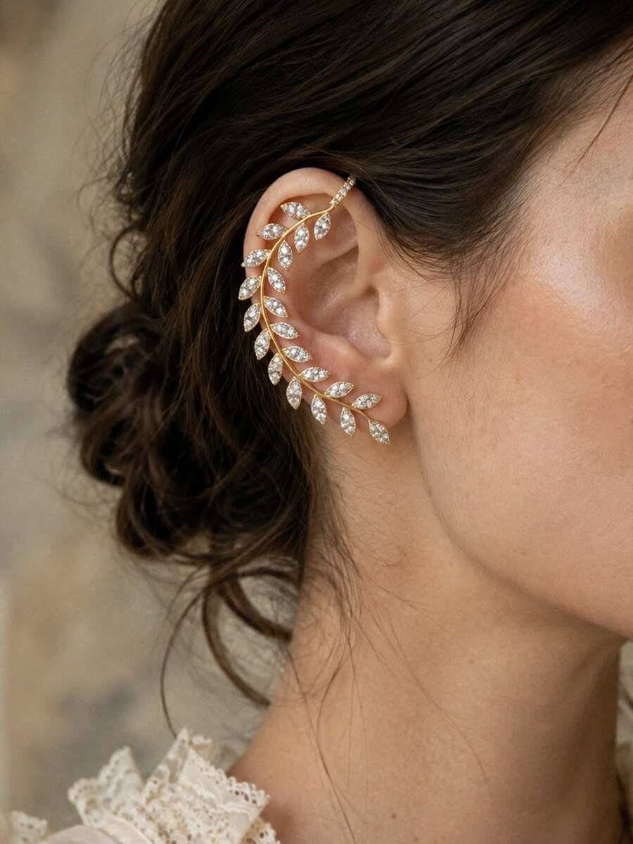 outingfit 1 Pair Luxury Leaf Ear Cuff Earrings With Rhinestones, High-End Hanging Earrings For Women, Party Accessories - Gold - View 1