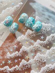 1pc 5D Full‑Cover Nail Stickers Embossed 3D Wave & Iridescent Starfish Design, Holographic Stereo Ocean Nail Decals, For Summer Beach Vacation DIY Manicure - Multicolor - View 3