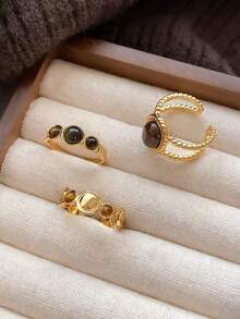 17KM 3pcs Simple Fashion Metal Geometric Faux Tiger Eye Stone Autumn/Winter Maillard Stackable Fashion Ring Set For Women, Vacation, Date, Gift, Daily Casual, Party, Wedding, Matching, Gift - Brown - View 5
