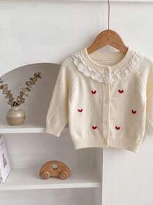 Girls Korean Style Cream White Knitted Cardigan With 3D Red Heart Hollow Lace Trim Collar Long Sleeve Children's Jacket - Apricot - View 4