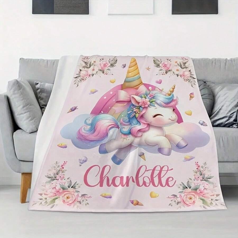 1 Personalized Unicorn Theme Pattern, Unicorn Pattern, Flannel Blanket, Customized Name - Suitable For All Seasons, Soft, Lightweight, Perfect For Sofa, Bed, Outdoor - Perfect Birthday And Holiday Gift For Family And Friends