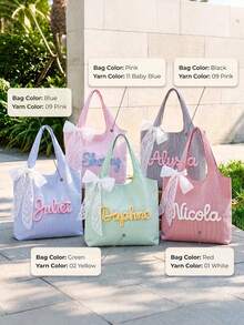 1pc Personalized Canvas Tote Bag With Custom Name And Lace Bow, Striped Wedding Bridesmaid Gift Bag, Bridal Party Favor, Shoulder Handbag For Women - Multicolor - View 6