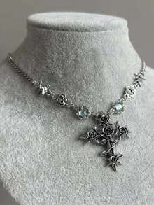 1pc Women's Pendant Necklace, Silver Metal Material, Thorn Rose Cross Pendant, Dark Gothic Style, Suitable For Daily Wear, Party And Gathering - Multicolor - View 1