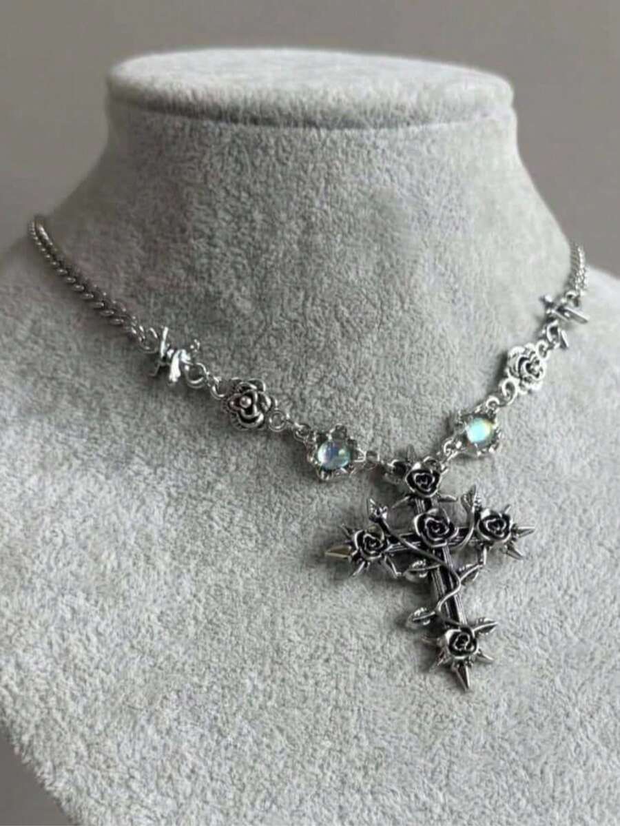 1pc Women's Pendant Necklace, Silver Metal Material, Thorn Rose Cross Pendant, Dark Gothic Style, Suitable For Daily Wear, Party And Gathering - Multicolor - View 1