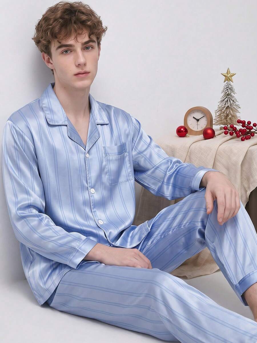 2pcs/Set Satin Men's Spring/Autumn Long Sleeve Pajamas And Long Pants, Blue Striped Minimalist Open Front Lapel Loungewear Set, Suitable For Casual Wear - Baby Blue - View 1