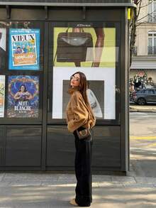 Women's Loose Suede Short Jacket, Exaggerated Shoulder Design With Pockets, Long Sleeve Zipper Collar Autumn Outerwear - Khaki - View 6