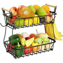Frutero Para Cocina De 2 Niveles Y 2 Ganchos Para PláTanos, Cesta De Almacenamiento De Frutas Y Verdura, Frutero De Cocina Moderno, Organizador De Frutas Y Verduras De Hierro - Negro - Ver 1