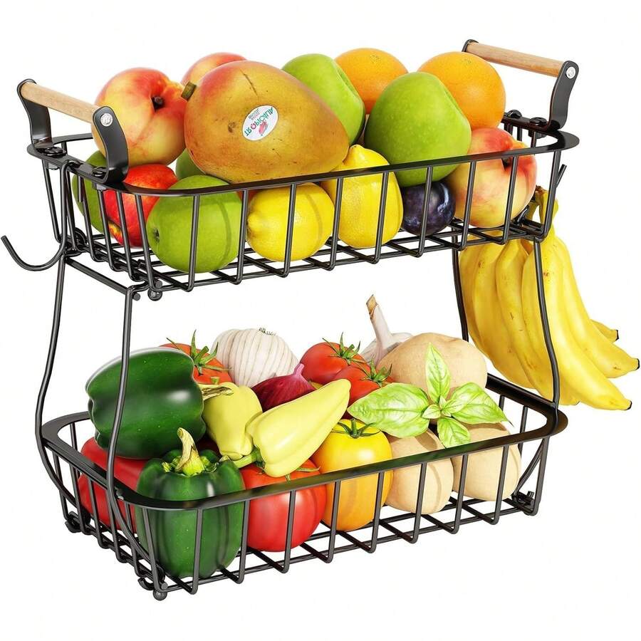Frutero Para Cocina De 2 Niveles Y 2 Ganchos Para PláTanos, Cesta De Almacenamiento De Frutas Y Verdura, Frutero De Cocina Moderno, Organizador De Frutas Y Verduras De Hierro - Negro - Ver 1