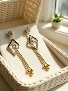 1 par de pendientes largos con borlas geométricas, elegantes y únicos, adecuados para el uso diario de las mujeres - Negro - Ver 1