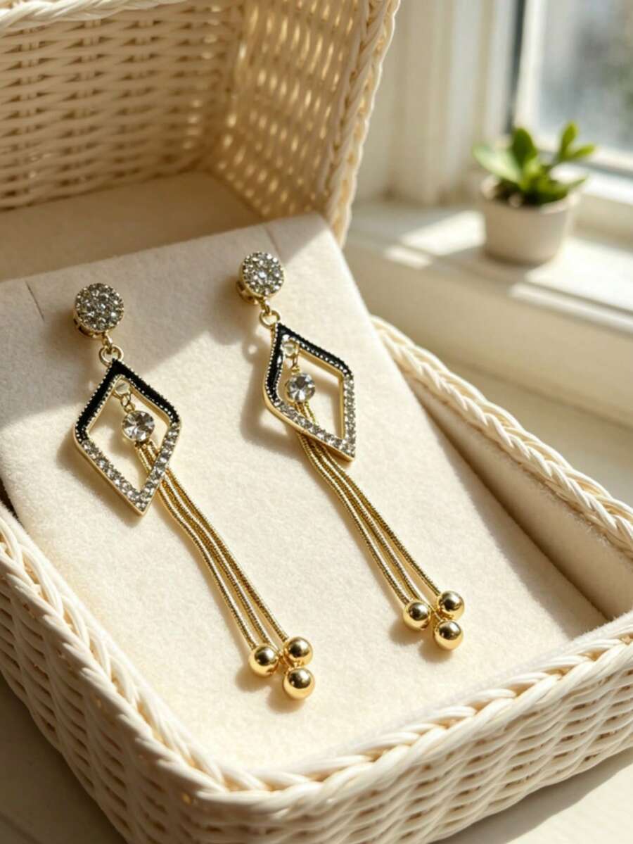 1 par de pendientes largos con borlas geométricas, elegantes y únicos, adecuados para el uso diario de las mujeres - Negro - Ver 1