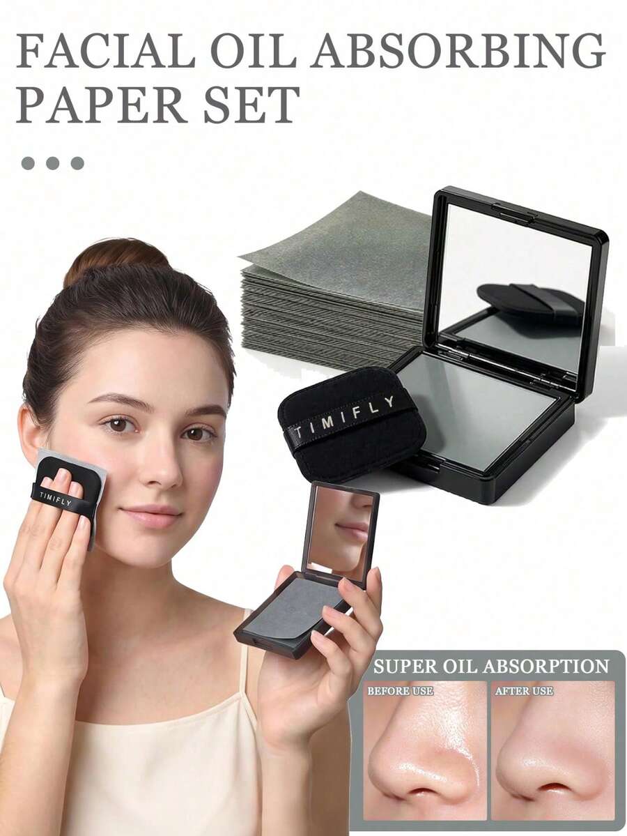 101pcs Disposable Oil Blotting Paper Set (Storage Box + Puff), Portable Facial Oil Absorbing Paper, Absorbs Excess Facial Oil, Suitable For Oily Skin, Oil Control Facial Cleaning Tool, Travel Essential - Multicolor - View 1