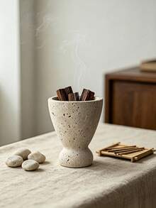 1Pc Wabi‑Sabi Curved Goblet Shaped Incense Burner, Decorative Tabletop Aroma Holder For Home Desktop Decor, Halloween Meditation Daily Use - Stone Cup - View 2