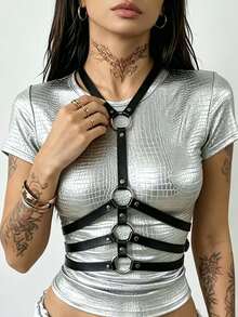 1pc Solid Color PU Leather Body Harness Gothic Punk Style Adjustable Mutil-Layer Waist Belt For Women Daily And Halloween Festival Wear - Black - View 1