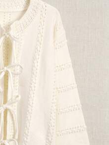 JIANHU Autumn/Winter Beige Hollow-Out Lace-Up Knit Cardigan - White - View 7