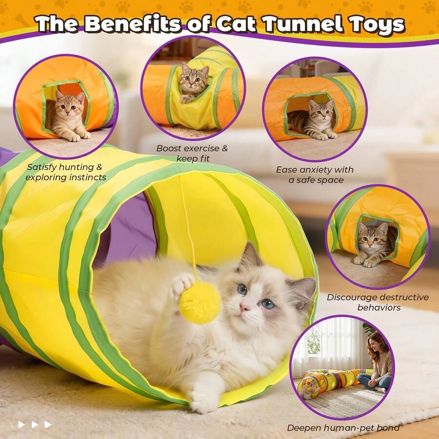 Large Foldable Indoor Cat Toy Tunnel With Maze Design, Hanging Plush Balls And Interactive Openings, Suitable For Kittens, Puppies, Rabbits, Ferrets And Guinea Pigs - Multicolor - View 1