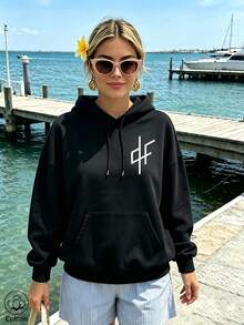 Women's Crew Neck Sweatshirt, Travel Hoodie With Pocket, Cotton T-Shirt, Basic Autumn-Winter Sweatshirt For Women - Black - View 5