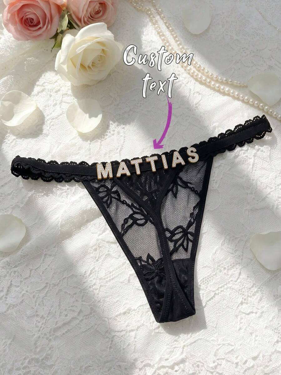 Customized Name Letter Pendant Lace Thong Panties, Personalized Sparkling Rhinestone Sexy Lingerie, Creative Gift For Women's Birthday, Anniversary, Valentine's Day - Black - View 1