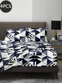 Set Sprei 4 Potong Motif Segitiga Geometris Biru Tua, Termasuk 1 Sprei Fitted, 1 Sprei Datar, dan 2 Sarung Bantal, Isi Bantal Tidak Termasuk. Set Sprei Fitted, Ukuran Tersedia: King, Queen, Full, Twin. Desain Sprei Fitted dengan Kantong Dalam, Cocok untuk Kasur Hingga 11,8 Inci. Lembut dan Bernapas, Tahan Kerut - MultiWarna - View 2