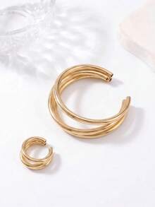 2pcs/Set Fashion Triple-Line Tubular Polished Metal Open Bangle & Ring Jewelry Set, Suitable For Women's Daily Wear And Party Use - Gold - View 7