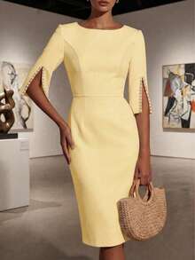 Solid Color Casual Elegant Retro French Style Waist Slimming Office Daily Date Commute Faux Pearl Decor Round Neck Dress, White Summer Yellow - Yellow - View 5