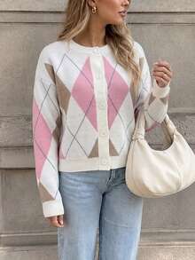 Cardigan Rajut Argyle Vintage Wanita, Lengan Panjang, Desain Detail Kancing, Sempurna untuk Dipakai di Musim Gugur/Musim Dingin. - MultiWarna - View 2