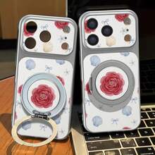 1PC Ins Style Red Rose Shell Flower Bow Pattern Stand Phone Case, Silver Large Window PU Leather Material Compatible With IPhone 17/17 Pro Max/17 Pro/13/16 Pro Max/16/15/14/12 Pro Max/13 Pro Max/11 Pro/14 Pro/15 Pro/12, Fashion Protective Soft Shell, Premium Luxury, Unisex Phone Case Suitable For Friends And Couples Gift - Multicolor - View 1