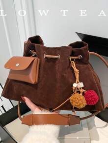 low tea 1pc Minimalist Fashion Suede Bucket Crossbody Bag, Suitable For Commuting, Shopping, Etc. (With Pendant) - Coffee - View 10