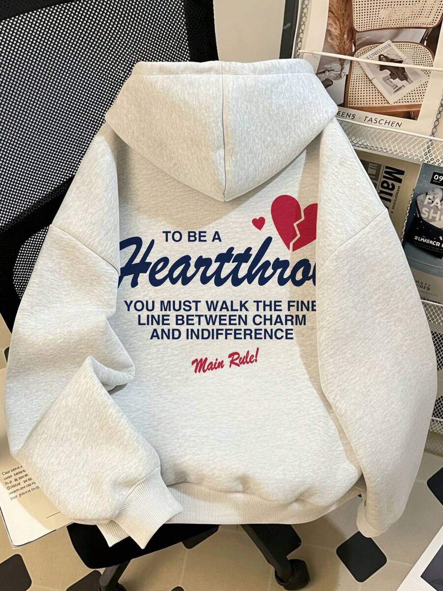Vintage Handwritten Heartbreak Quote Print Sweatshirt With Contrast Heart Design, Casual Drop Shoulder Long Sleeve Autumn Sweatshirt - White Grey - View 1