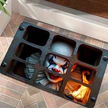 GEL HUT MUN Lpc Clown Face Behind Metal Grate With A Burning FireDoor Mat, Non-Slip And Washable Rug Suitable ForEntrance, Front Door, Hallway, Kitchen, Bathroom, AndLaundry. This Super Absorbent Polyester Floor Mat Is ASoft Halloween Decoration For Your Ho - B - View 6