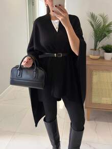 Elegant Women's Long Loose Black Knitted Wool Poncho Cardigan, Long Sleeve Asymmetric Design, Overlapping Collar, Suitable For Autumn/Winter (Belt Not Included) - Black - View 7