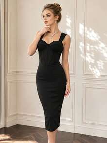 RAHQ Black Wide Strap Cinched Waist Fitted Midi Dress, Romantic Breathable Summer Vacation Dress, Suitable For Beach Brunch And Date Night - Black - View 2