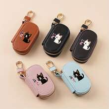 Cute Cat And Butterfly Print Unisex Lychee Texture Zipper Multifunctional Car Key Storage Bag, Perfect Gift For Christmas/Halloween/Birthdays - Multicolor - View 7