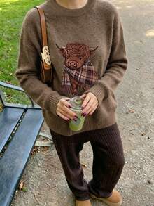 Autumn/Winter Essential: Cute Highland Cow Plaid Knit Scarf, Casual & Warm, With Adorable Animal Pattern, Elevate Your Seasonal Look - Earth Gray - View 4