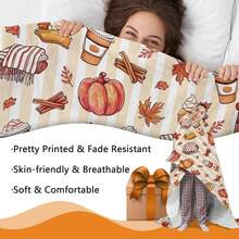 1pc Striped Autumn/Winter Blanket, Pumpkin Coffee Maple Leaf Pattern, Thanksgiving Atmosphere Sofa Throw Blanket, Soft Home Sofa Bedroom Holiday Blanket - Multicolor - View 5