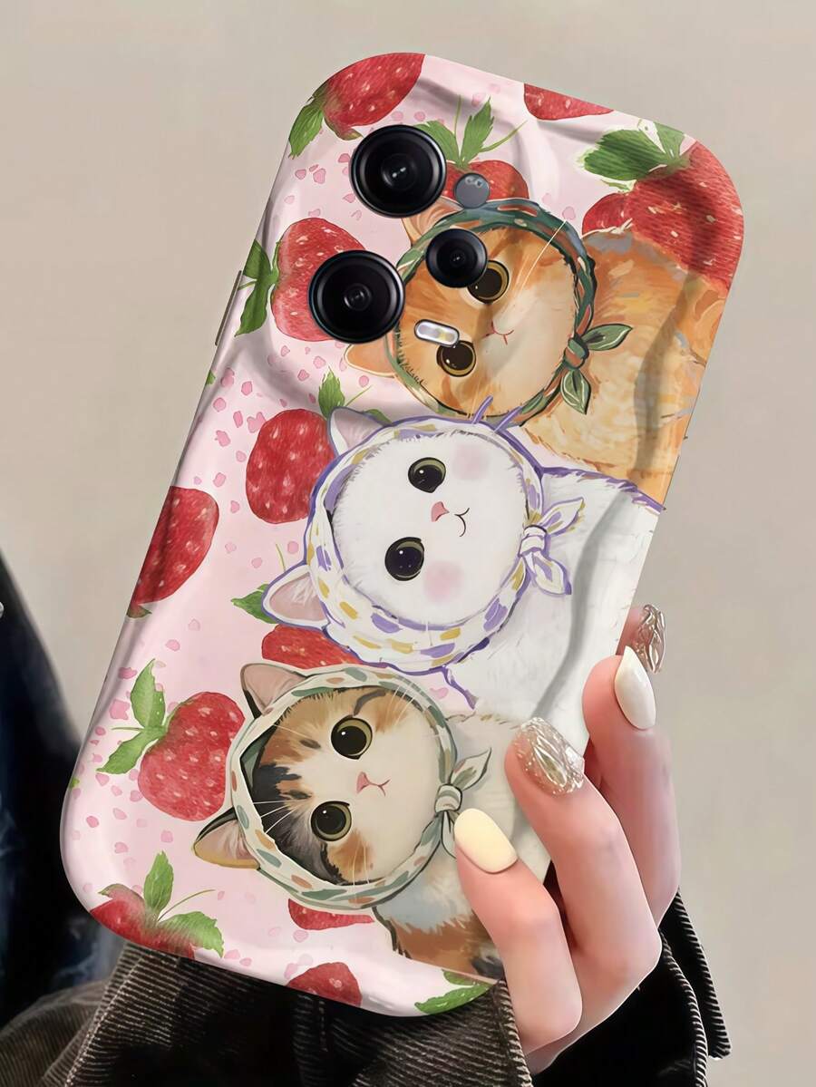 1 buah Casing Ponsel Pelindung Anti Benturan Anti Jatuh dengan Tepi Bergelombang Warna Krem, Casing Ponsel Kartun Kucing Lucu dengan Latar Belakang Merah Muda, Anak Kucing Mengenakan Jilbab, Motif Buah Stroberi, Casing Ponsel Pelindung TPU Lembut, Kompatibel dengan Perangkat Android, Ponsel Seri - Putih - View 1