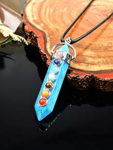 Natural Crystal Double-Pointed Pillar 7 Chakra Colorful Stone Pendant Necklace, Vintage Raw Stone Spiritual Jewelry Accessory - 7 Chakra Double Point Pendant - View 9