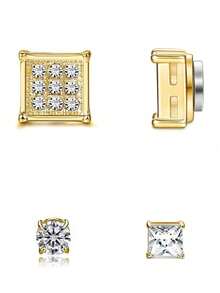 3pcs/Set 6-8MM Single Stainless Steel Ear Studs, Unisex, No Piercing Required, Round & Square Inlaid, Low Hypoallergenic, Clip-On Earring Set, 6mm - Square Magnet Set - View 14