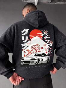 Men's Vintage Washed Japanese Street Racing Back Graphic Drawstring Hoodie - Black - View 3
