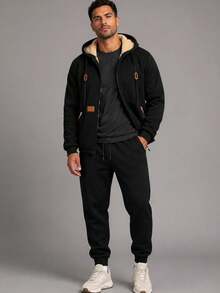 Men's 2-Piece Winter Thermal Lined Thick Hooded Jacket And Pants Set For Outdoor Hiking, Gym, Running - Black - View 2