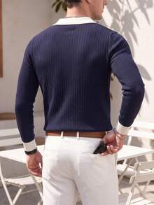 ALTZTAR Men's Turn-Down Collar Ribbed Long Sleeve Knit Sweater - Navy Blue - View 3
