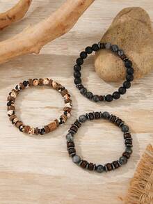 1pc Simple Luck Rain Stone Beaded Bracelet For Men Boho Wood Coconut Shell Lava Stone Charm Bracelet Accessories Jewelry Party Gifts - Multicolor - View 2