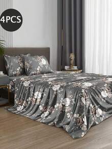 Set Sprei 4 Potong Motif Peony Abu-abu Gelap, Set Sprei Lembut Mudah Perawatan, Set Sprei Fitted (1 Sprei Datar + 1 Sprei Fitted + 2 Sarung Bantal), Cocok untuk Ukuran King, Queen, Full, Twin, Desain Sprei Fitted dengan Kantong Dalam, Sarung Bantal Hingga 11,8 Inci, Lembut dan Bernapas, Tahan Kerut - MultiWarna - View 2